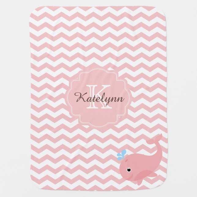 Monogram Pastel Pink Whale Custom Baby Blanket (Front)