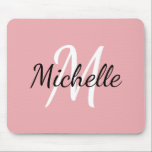 Monogram Pastel Pink & White Add Your Name Mouse Pad<br><div class="desc">Mouse pad with a pink background and white custom monogram first initial and first name</div>