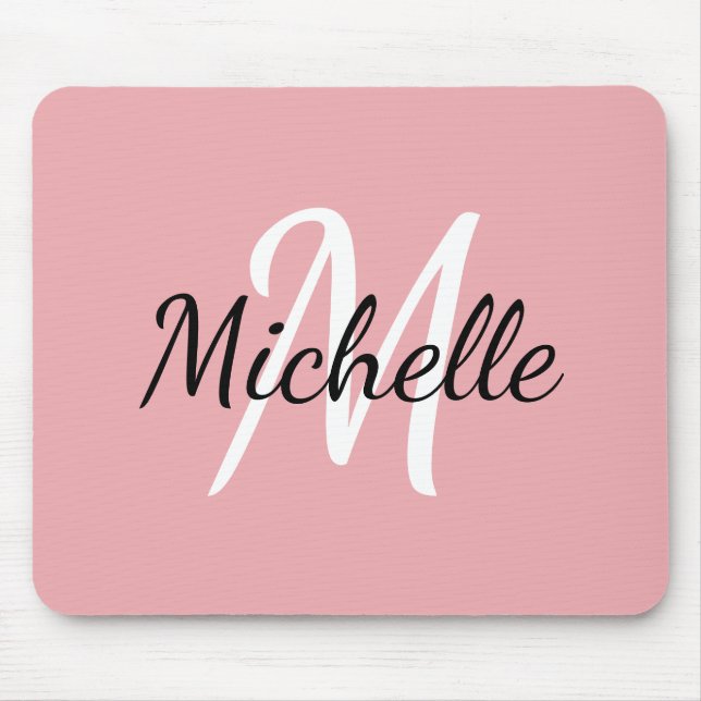 Monogram Pastel Pink & White Add Your Name Mouse Pad (Front)