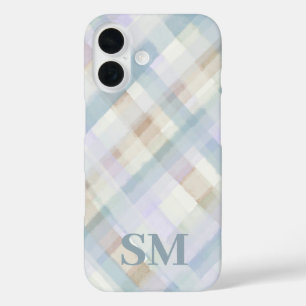 Monogram Pastel Plaid Blue Lilac Beige Watercolor iPhone 16 Case