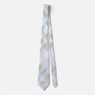 Monogram Pastel Plaid Tartan Powder Blue Cream Neck Tie