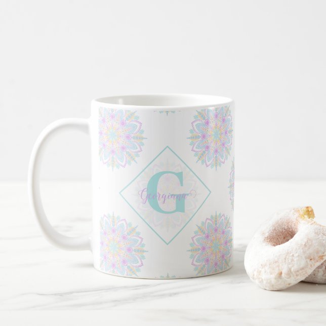 Monogram Pastel Rainbow Sundae Polka Dot Mandala Coffee Mug (With Donut)