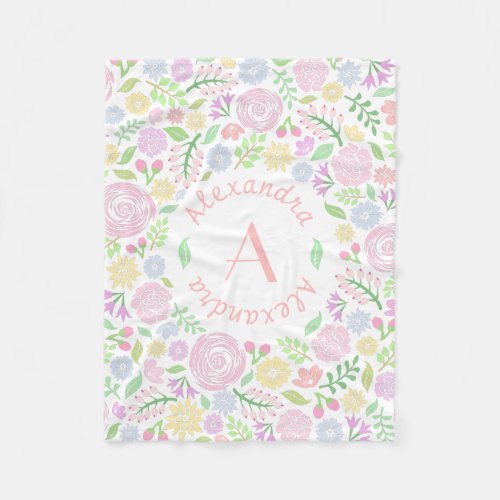 Monogram Pastel Roses Fleece Blanket for Baby Girl