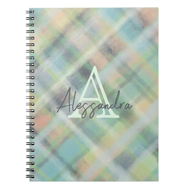 Monogram pastel tartan teal yellow gray green  notebook (Front)