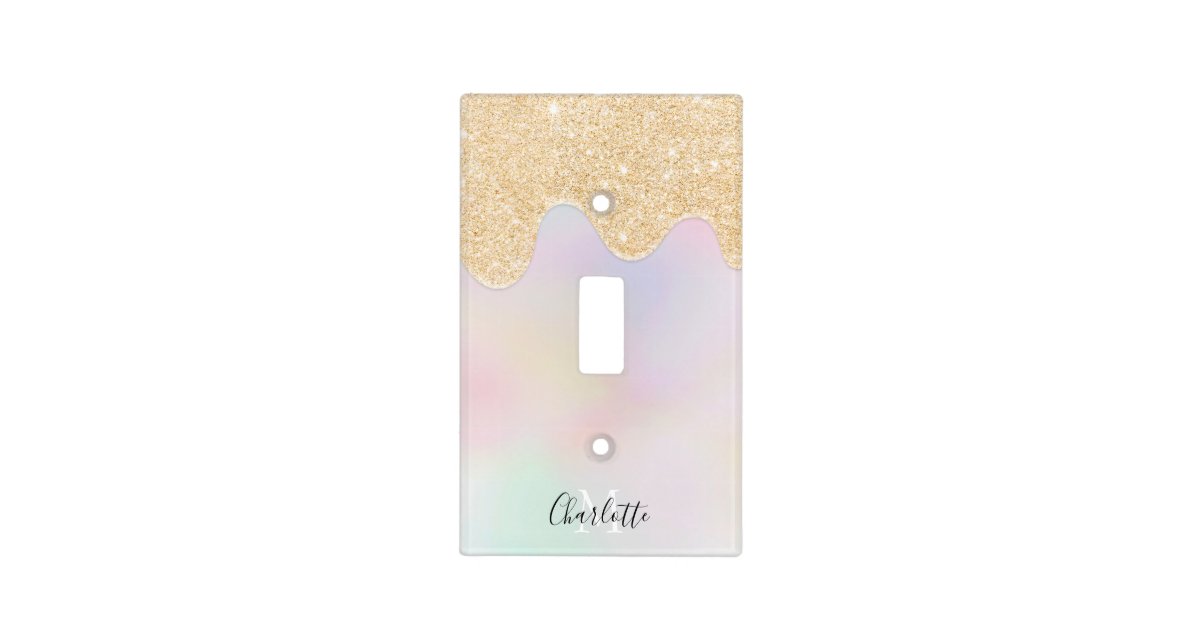 Monogram pastel unicorn holographic gold drips light switch cover | Zazzle