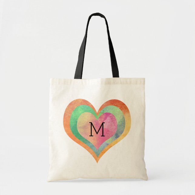 Monogram Pastel Watercolor Hearts Tote Bag (Front)