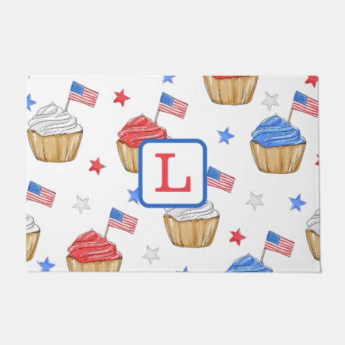Monogram Patriotic Cupcake Flag Star Preppy  Doormat