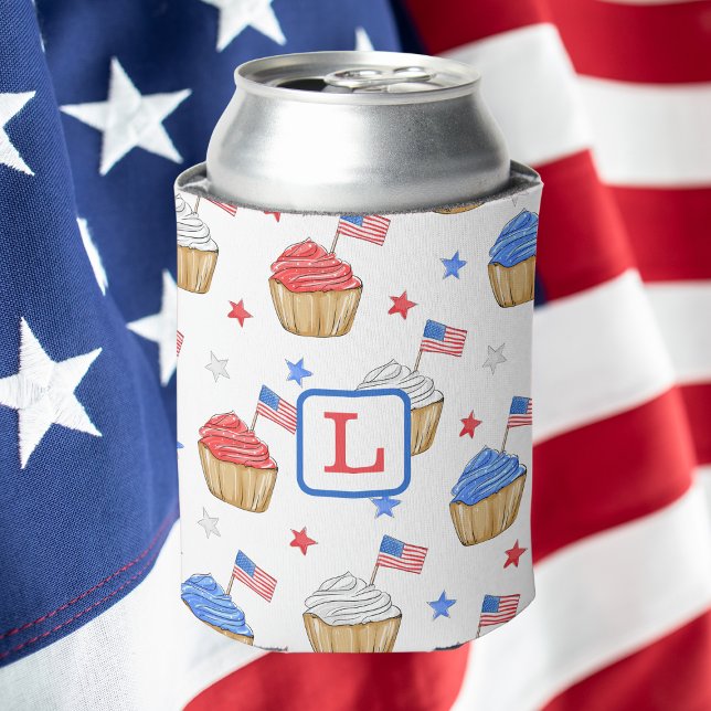 Monogram Patriotic Cupcake Red White Blue Favor Can Cooler (Creator Uploaded)