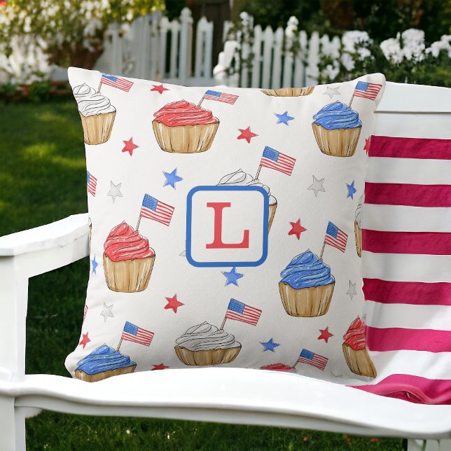 Monogram Patriotic Cupcake Red White Blue  Throw Pillow (Creator Uploaded)