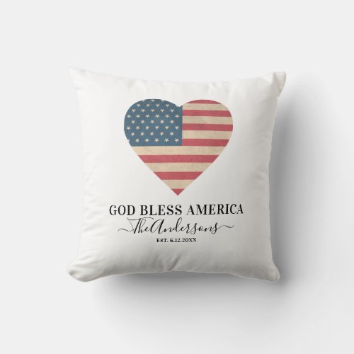 Monogram Patriotic USA American Flag Heart  Throw Pillow