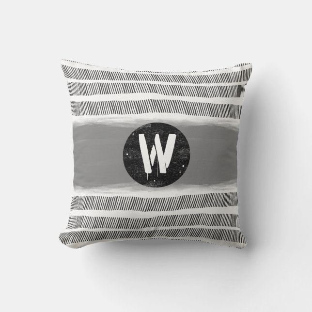 monogram pattern black white and gray boho  throw pillow (Front)