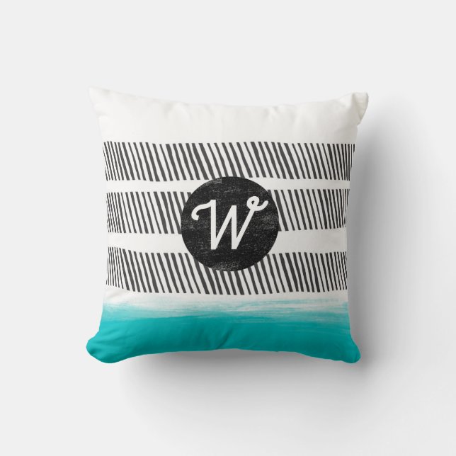 monogram pattern black white and turquoise boho throw pillow (Front)