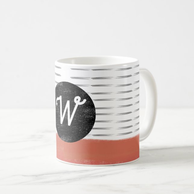 monogram pattern black white orange modern  coffee mug (Front Right)