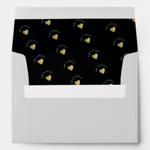 monogram pattern & golden love-hearts, pastel gray envelope
