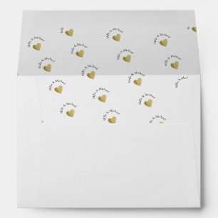 monogram pattern & golden love hearts, white envelope