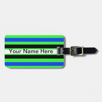 Monogram Pattern In Black White Blue Green Stripes Luggage Tag by myMegaStore at Zazzle
