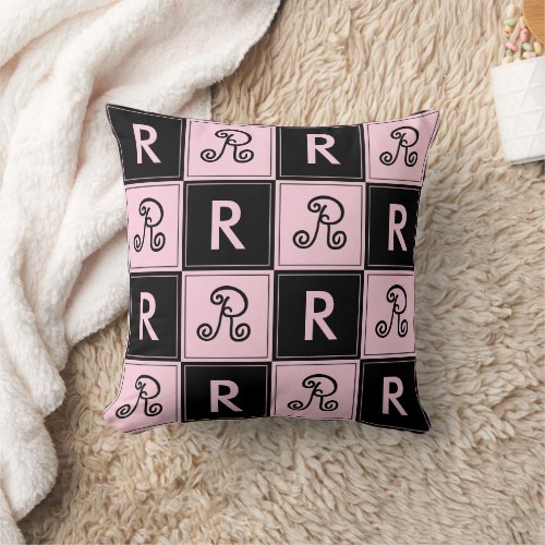 Monogram Pattern Pink Black Checkered Pretty Cute Throw Pillow