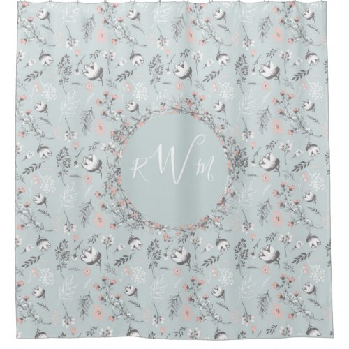 Monogram Pattern Script Floral Wreath Blue Shower Curtain