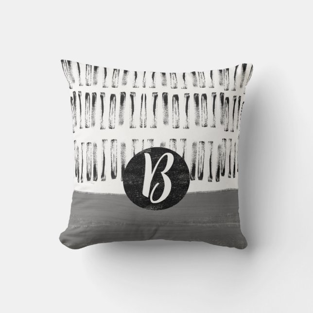 monogram patterned gray and white minimalist  throw pillow (Front)