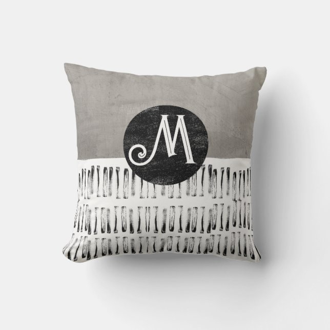 monogram patterned gray and white modern throw pillow (Front)