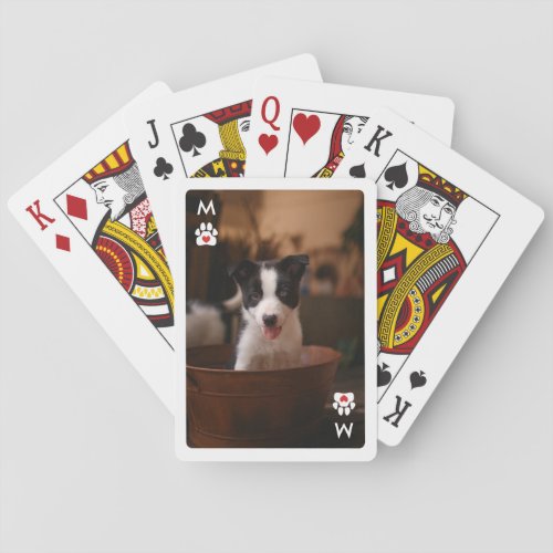 Monogram Paw Print Red Heart Photo Poker Cards