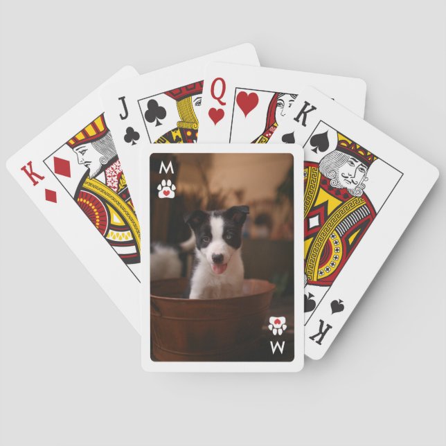 Monogram Paw Print Red Heart Photo Poker Cards (Back)