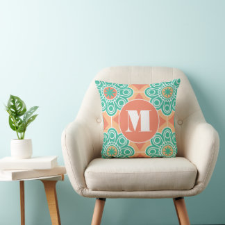 Monogram Peach and Green Modern Flower Floral Throw Pillow