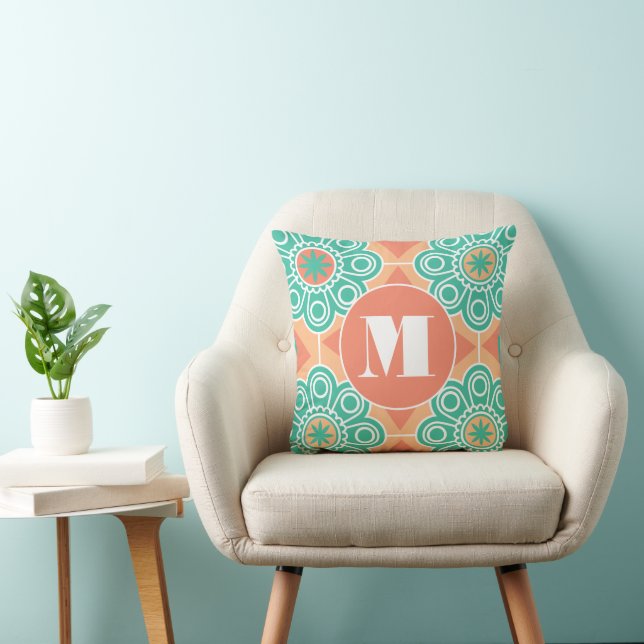 Monogram Peach and Green Modern Flower Floral Throw Pillow (Chair)