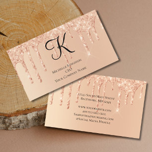 Monogram Peach Dripping Glitter Glam Trendy Women Business Card