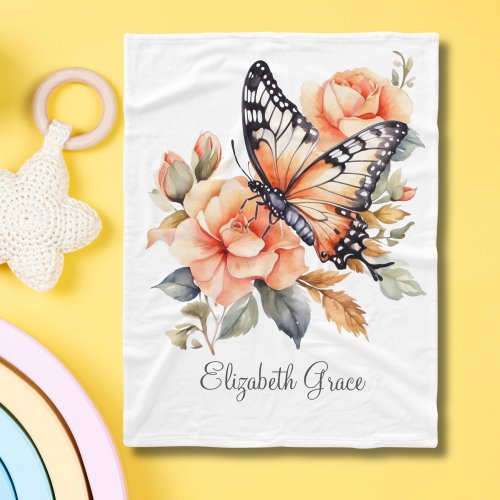 Monogram Peach Floral Butterfly Baby Girls Baby Fleece Blanket