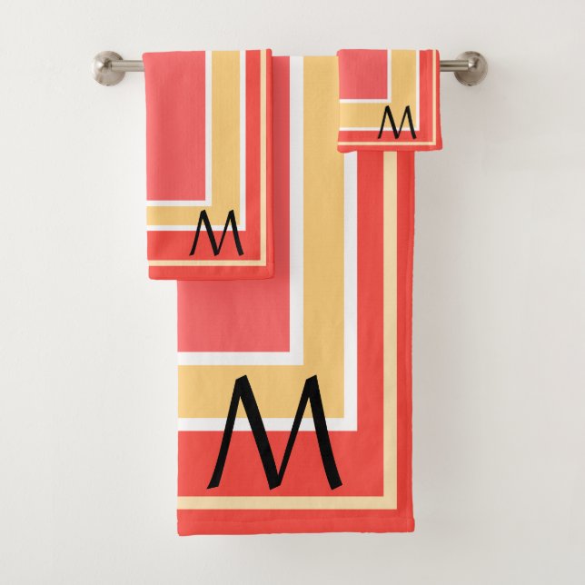 Monogram Peach Fruit Geometric Block Pattern Bath Towel Set (Insitu)