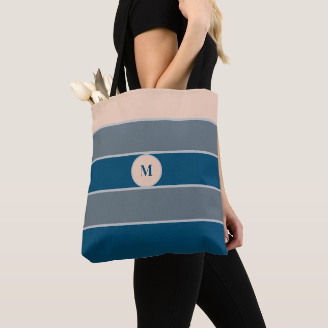 Monogram Peach Gray Blue Striped Modern Chic  Tote Bag (Close Up)