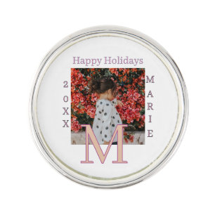 MONOGRAM PEACH GRAY NAME PHOTO YEAR CHRISTMAS HOLI LAPEL PIN