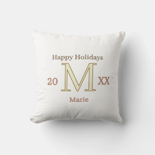 MONOGRAM PEACH GRAY NAME YEAR GOLDEN HOLIDAYS 20XX THROW PILLOW