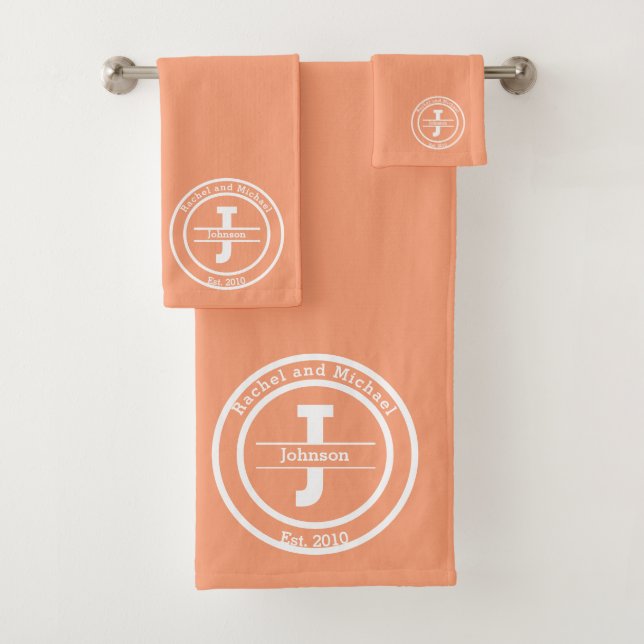Monogram Peach Married Couple Elegant Minimalist Bath Towel Set (Insitu)