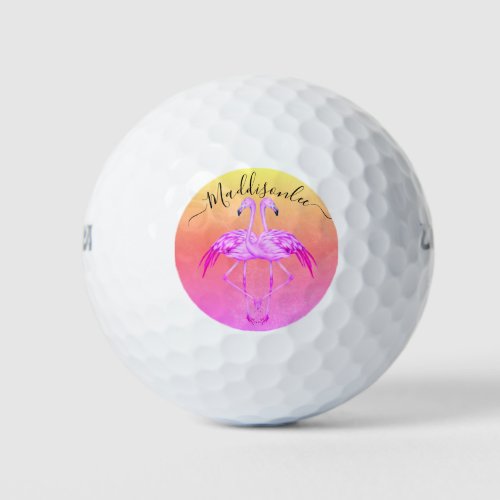 Monogram Peach Name Two Pink Flamingos  Golf Balls