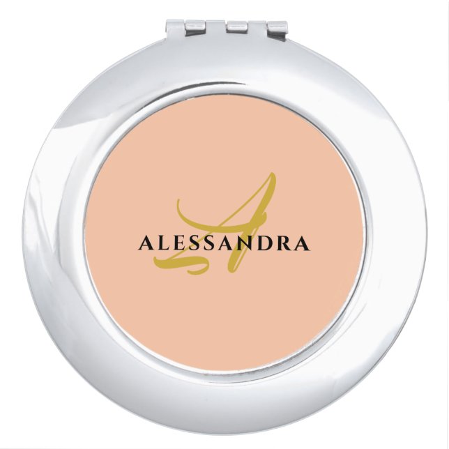 Monogram Peach Pastel Orange Gold Black Minimalist Compact Mirror (Front)