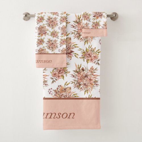 Monogram Peach Red Brown Green Floral  Bath Towel Set
