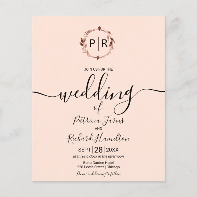 Monogram Peach Rose Budget Wedding Invitation (Front)
