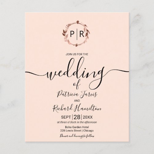 Monogram Peach Rose Budget Wedding Invitation