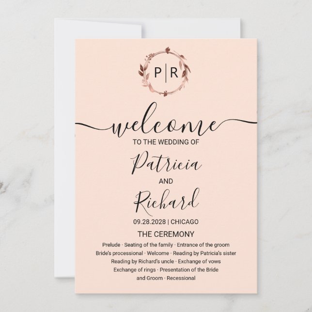 Monogram Peach Rose Gold Foil Wedding Program (Front)