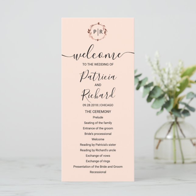 Monogram Peach Rose Gold Foil Wedding Program (Standing Front)