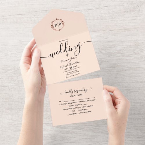 Monogram Peach Rose Wedding All In One Invitation