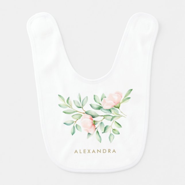 Monogram Peach Roses Floral Baby Girl Baby Bib (Front)