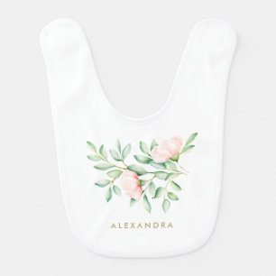 Monogram Peach Roses Floral Baby Girl Bib