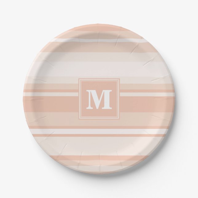Monogram peach stripes paper plates (Front)