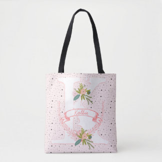 Monogram Peachy Pink Random Dot & Boho Floral Tote Bag