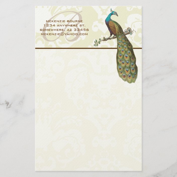Monogram Peacock Branch Stationery | Zazzle.com