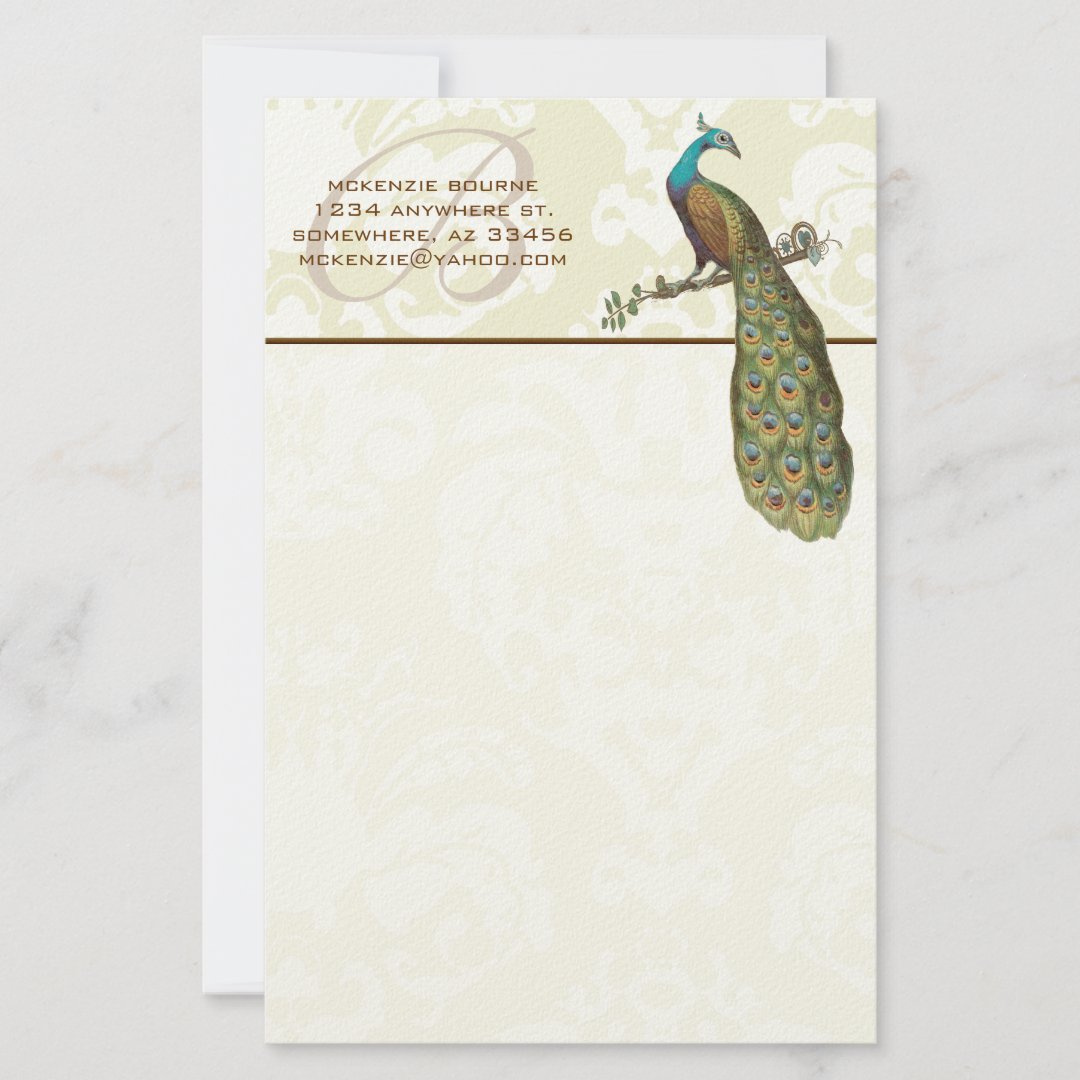 Monogram Peacock Branch Stationery | Zazzle