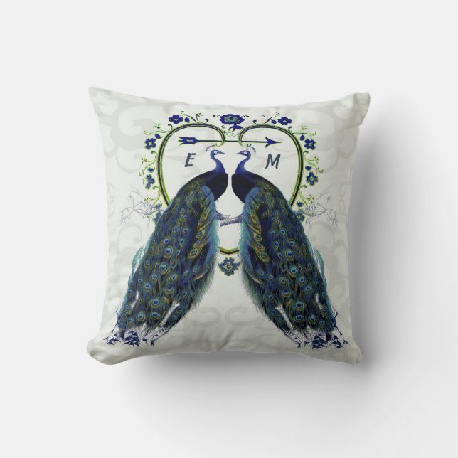 Monogram PEACOCK HEART Wedding Anniversary Custom Throw Pillow (Front)